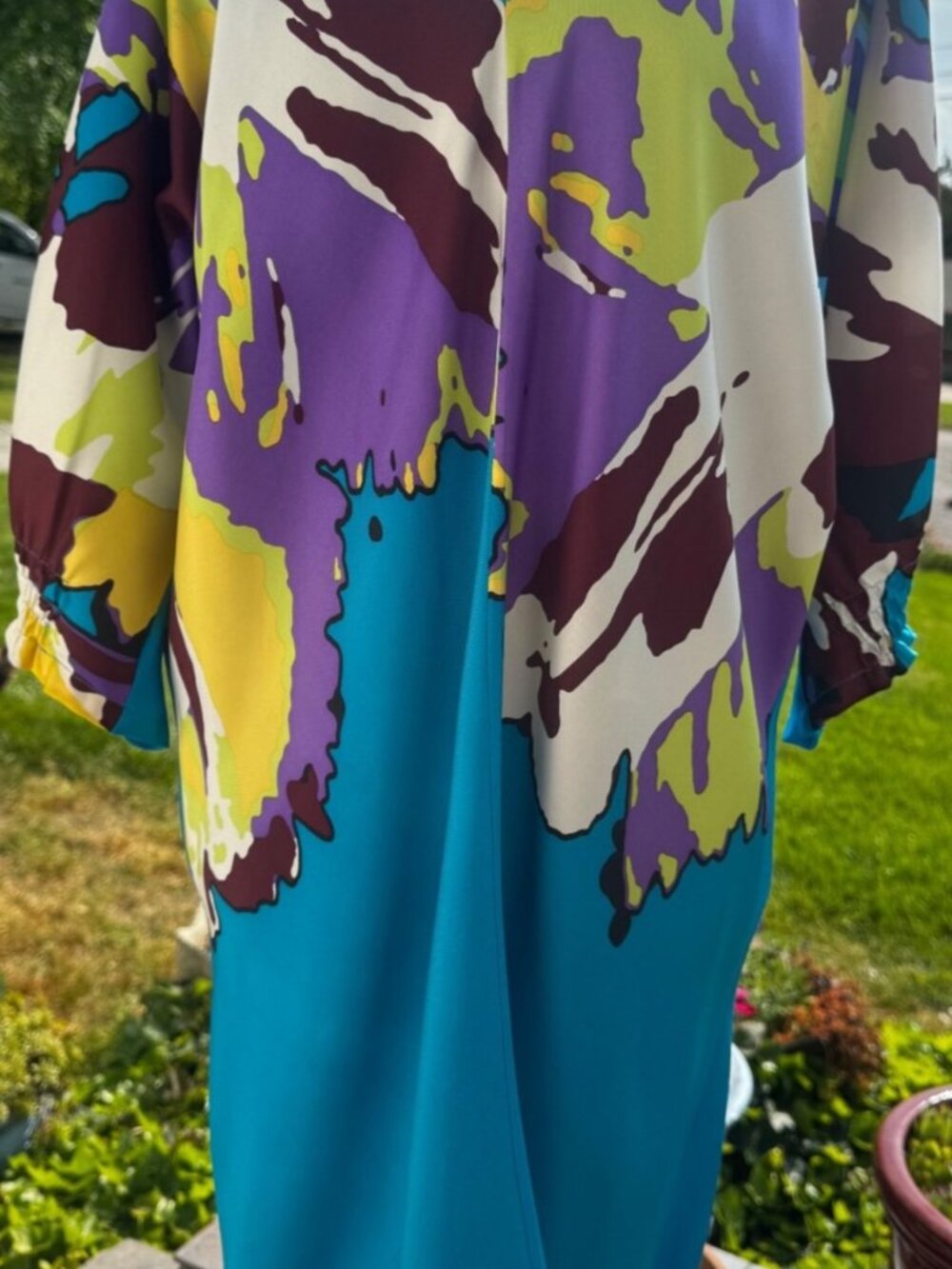 Tibi Silk Print Draped Tunic Top V Neck Dolman Sleeve Blue Abstract Print Size 6